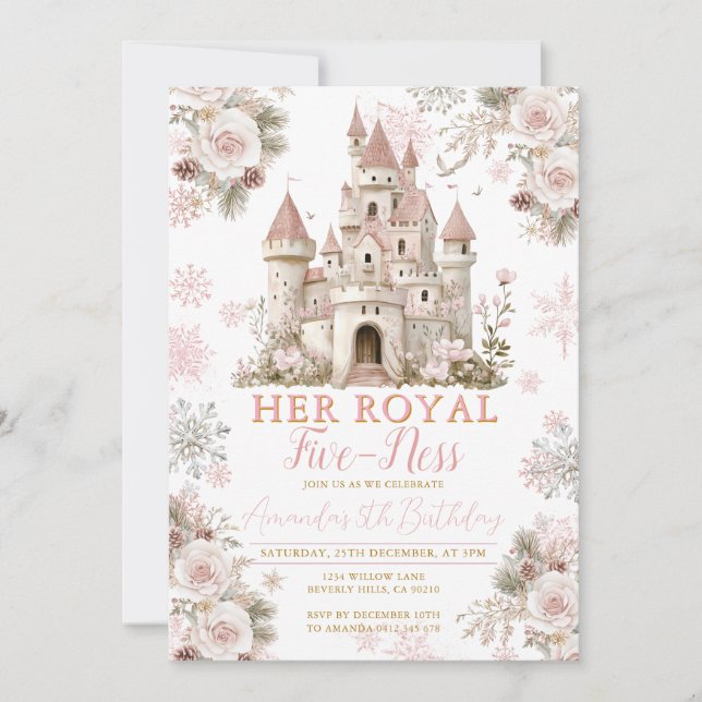 Invitación Winter Floral Snowflake  royal fiveness Birthday (Anverso)