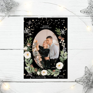 Invitación Winter Floral Wreath Photo Happy Holiday Card