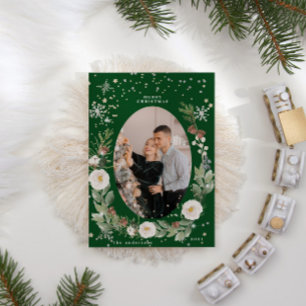 Invitación Winter Floral Wreath Photo Happy Holiday Card