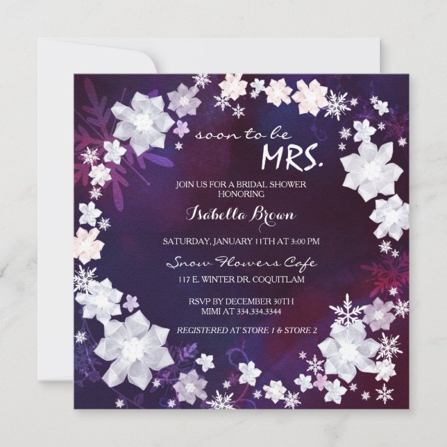 Invitación Winter Floral Wreath Purple Bridal Shower (Anverso)