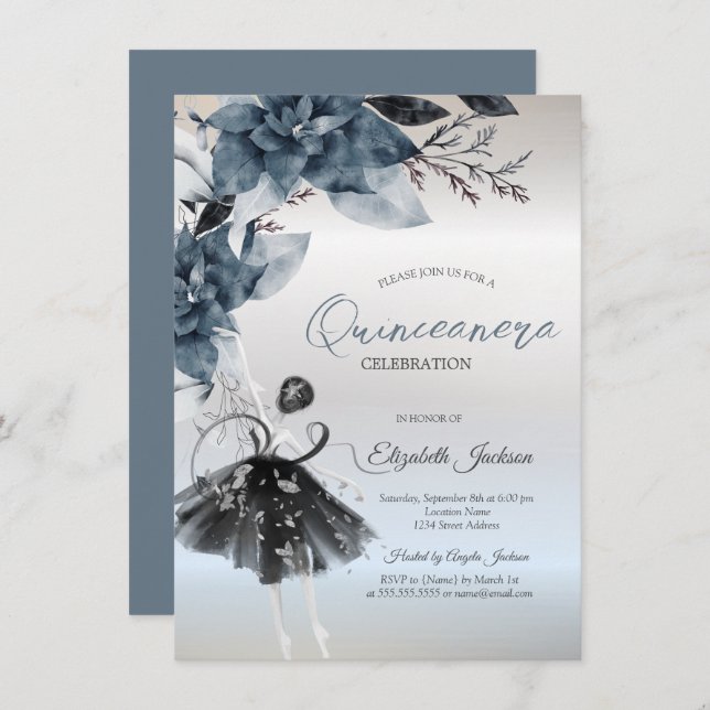Invitación  Winter Flowers Ballerina Silver Quinceanera (Anverso / Reverso)