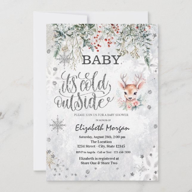 Invitación Winter Flowers Snowflakes Baby Dear Baby Shower  (Anverso)