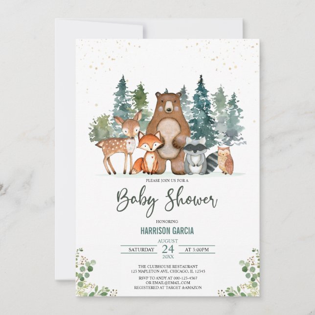 Invitación Winter Forest Animals Woodland Baby Shower (Anverso)