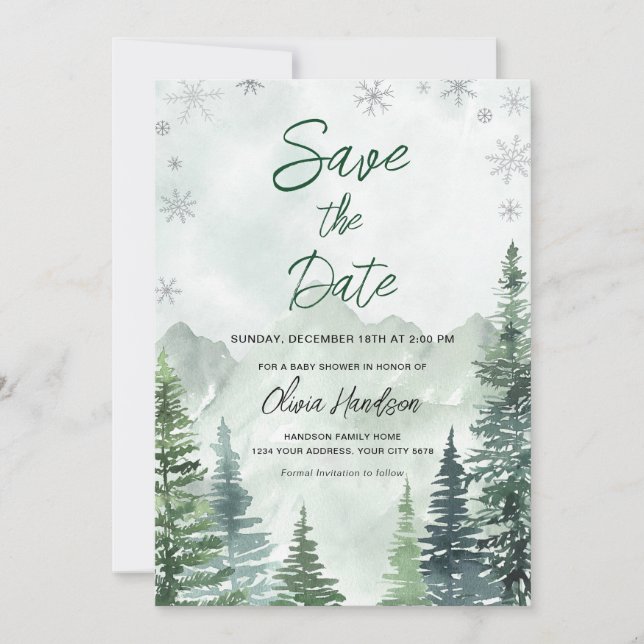 Invitación Winter Forest Baby Shower Save the Date (Anverso)