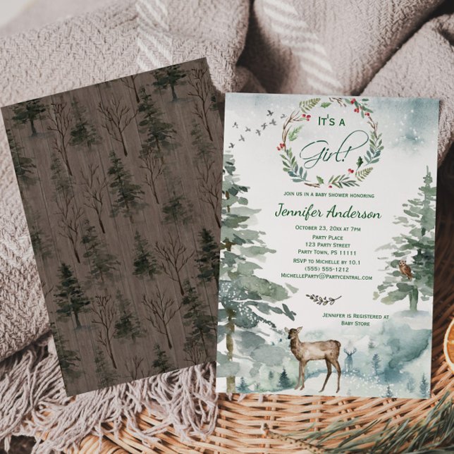 Invitación Winter Forest Mountain Deer Owl Baby Girl Shower (Subido por el creador)