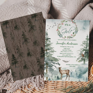 Invitación Winter Forest Mountain Deer Owl Baby Girl Shower