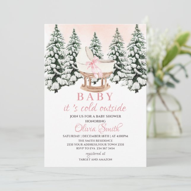 Invitación Winter Forest Pink It's Cold Outside Baby Shower (Anverso de pie)