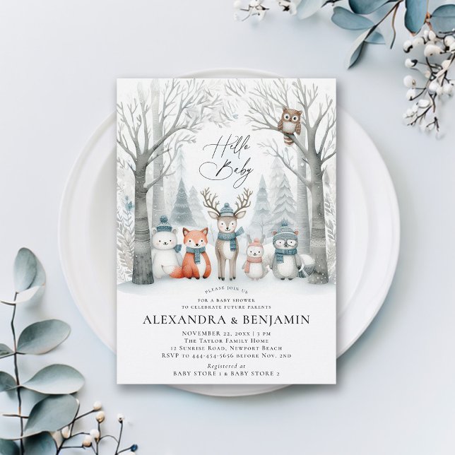 Invitación Winter Forest Woodland Animals Coed Baby Shower (winter baby shower invitation neutral white wonderland enchanted forest woodland animals coed modern)