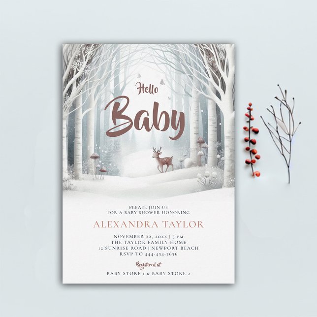 Invitación Winter Forest Woodland Deer Neutral Baby Shower (winter baby shower invitation neutral white wonderland enchanted forest woodland deer cute)