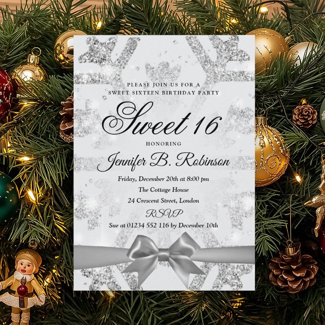 Invitación Winter Glitter & Ribbon Sweet 16 Birthday Party (Winter Glitter & Ribbon Sweet 16 Birthday Party Invitation)