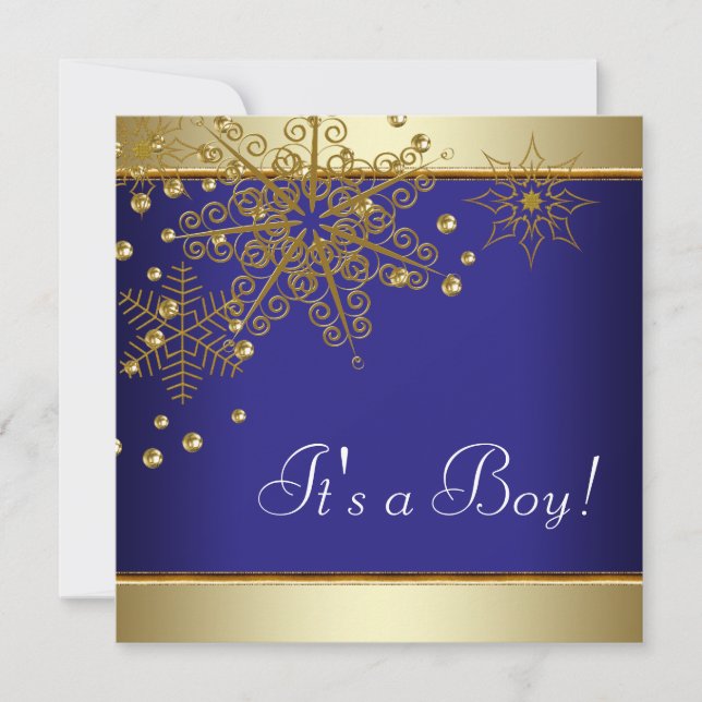 Invitación Winter Gold Blue Snowflakes Baby Boy Shower (Anverso)