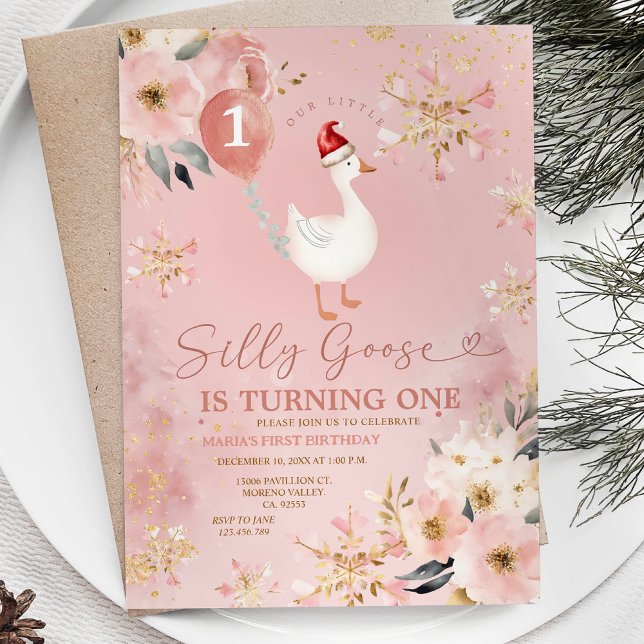 Invitación Winter Gold Pink Floral Silly Goose primer cumplea (Subido por el creador)