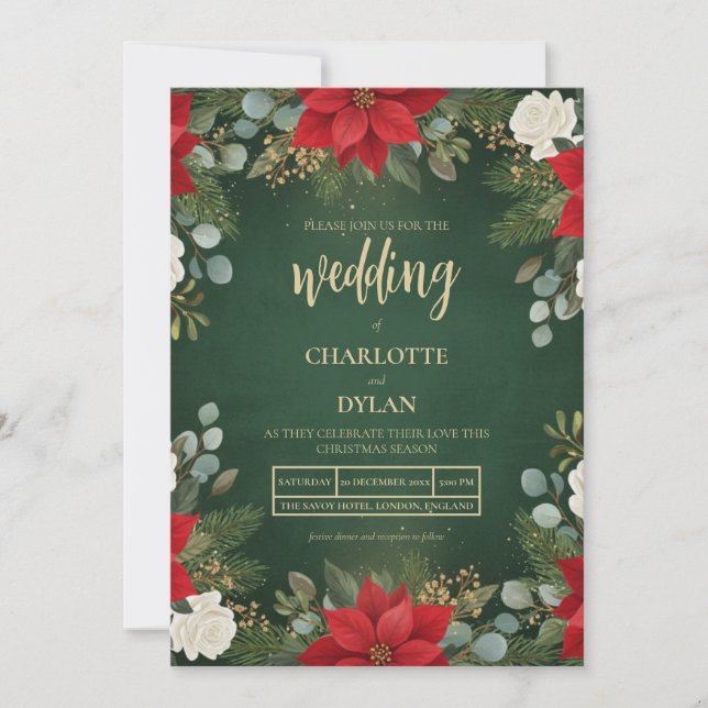 Invitación Winter Green Velvet Christmas Floral Wedding (Anverso)
