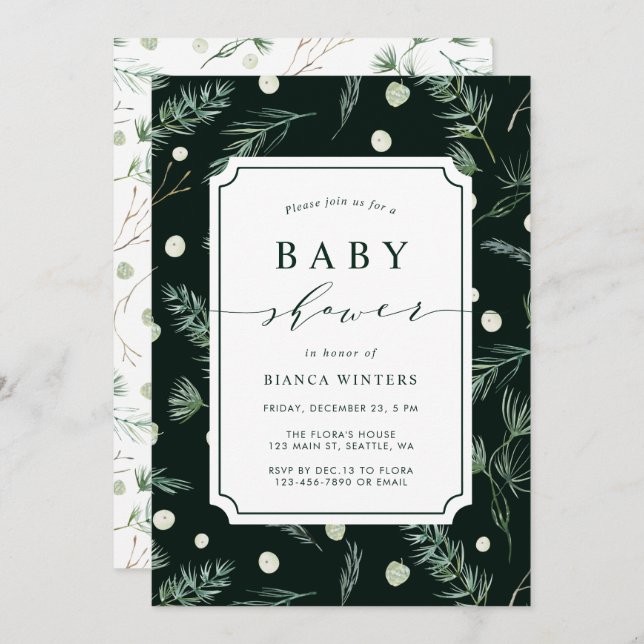 Invitación Winter Greenery Baby Shower (Anverso / Reverso)