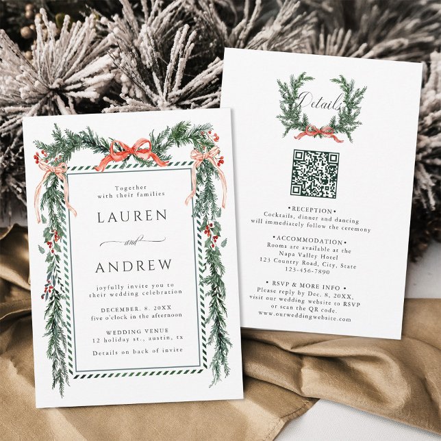 Invitación Winter Greenery Garland Wedding All in One (Front & Back)