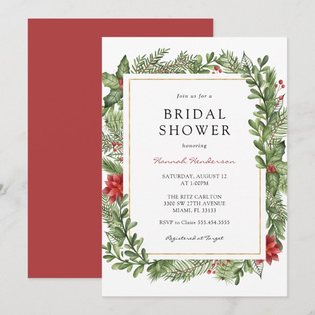 Invitación Winter Greenery Gold Frame Bridal Shower (Anverso / Reverso)
