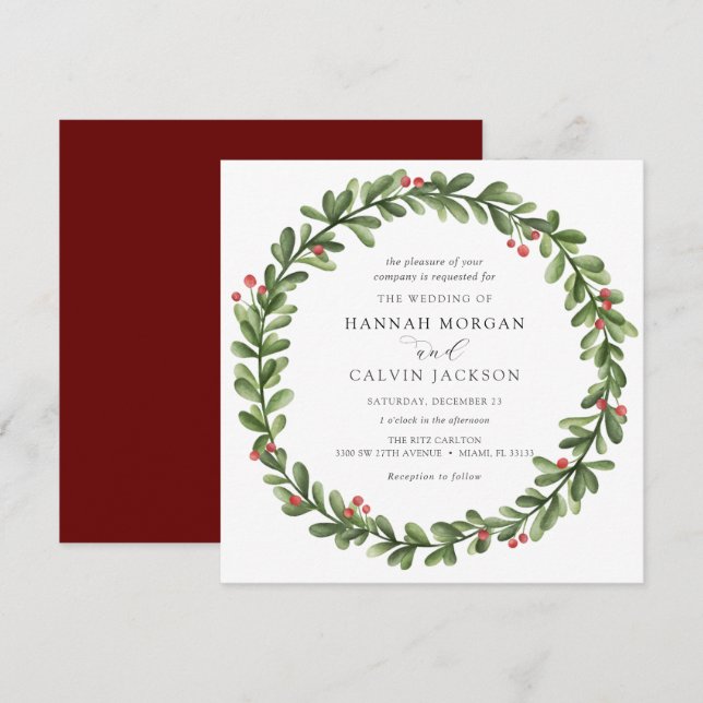 Invitación Winter Greenery Holly Boda (Anverso / Reverso)