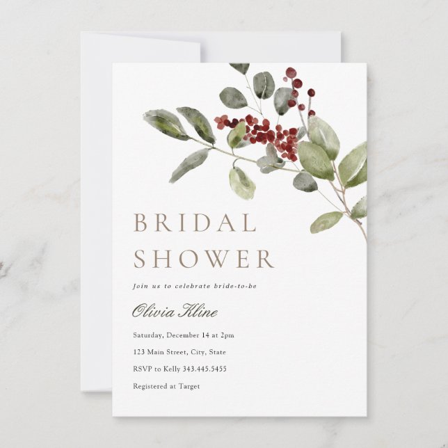Invitación Winter Greenery Holly Bridal Shower (Anverso)