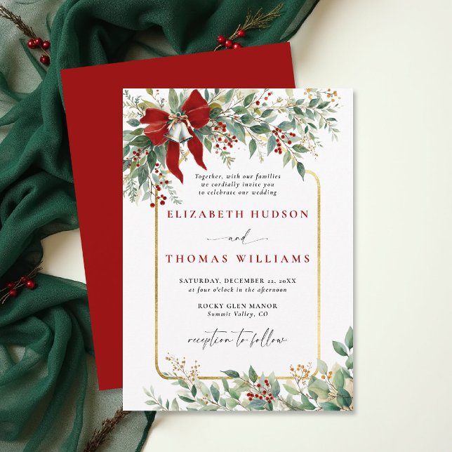 Invitación Winter Greenery Red Bow Bells Rustic Frame Wedding (christmas wedding invitation card template design winter greenery botanical rustic chic frame)