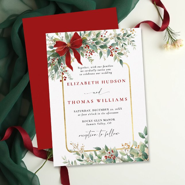 Invitación Winter Greenery Red Bow Rustic *Gold Frame Wedding (christmas wedding invitation card template design winter greenery botanical rustic chic golden frame)