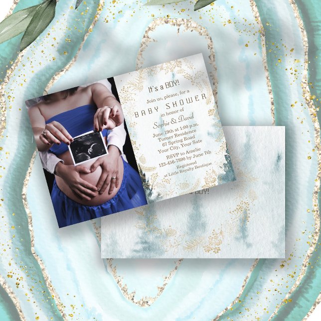 Invitación Winter Greenery Wreath Gold Photo Boy Baby Shower (photo baby shower, winter baby shower invite, trendy watercolour winter scenery baby shower, gold)