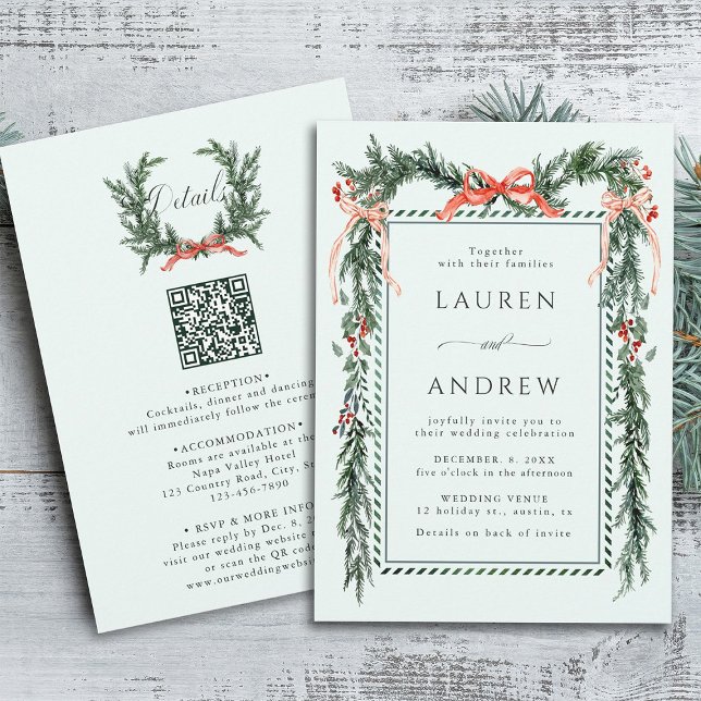 Invitación Winter Greens Garland Wedding All in One Mint (Front & Back)