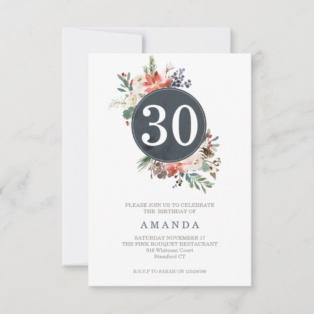 Invitación Winter Grey Wreath Bouquet Cualquier cumpleaños de (Anverso)