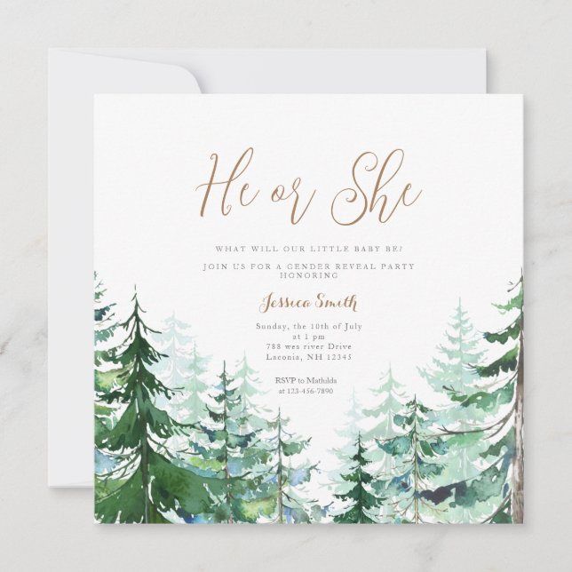 Invitación Winter He o She Gender Reveal Forest (Anverso)