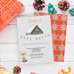Invitación Winter Holiday Christmas Open House Party Modern<br><div class="desc">Winter holidays / Christmas red and grey open house invitation in modern typography style featuring a small watercolor cottage house,  a ring bell,  holly berries,  and stylized snowflakes pattern on the reverse.           Personalize it with your details!          Suitable for seasonal winter parties - open house / Christmas / holiday party.</div>