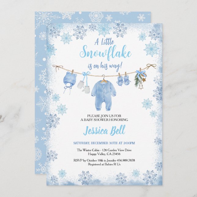 Invitación Winter Little Snowflake Baby Shower Boy Blue (Anverso / Reverso)