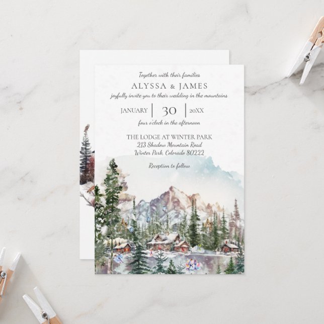 Invitación Winter Lodge in the Mountains Wedding Invitation (Anverso/Reverso In Situ)