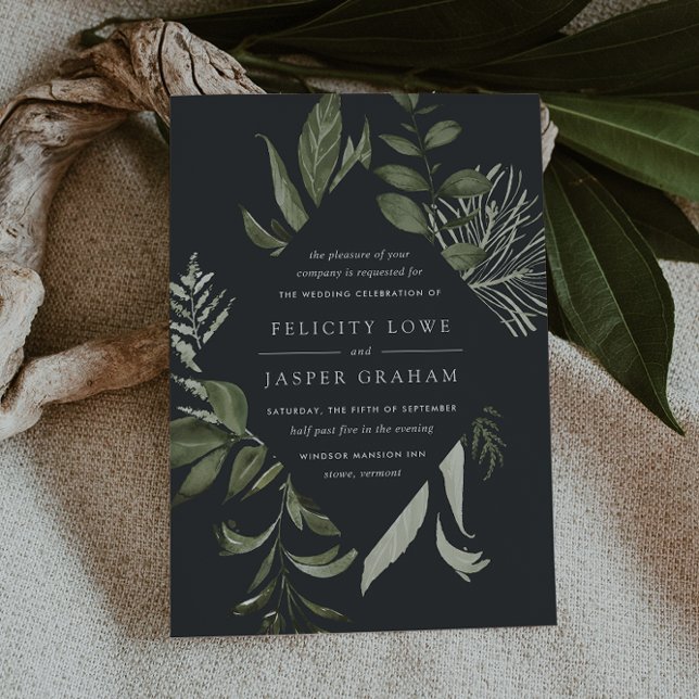 Invitación Winter Meadow | Boda de follaje acuático verde (Dark moody botanical wedding invitations)