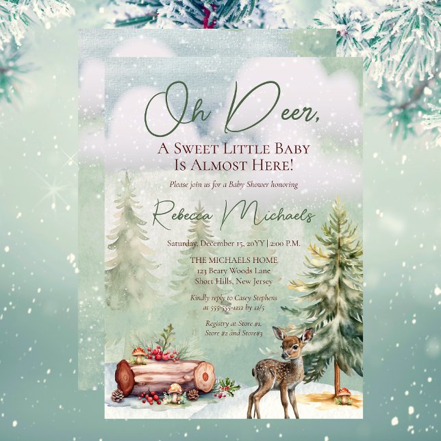 Invitación Winter Oh Deer A Sweet Little Baby Shower ("Oh Deer, A Sweet Little Baby Is Almost Here!" Gender Neutral Deer Fawn Winter-Themed Baby Shower)