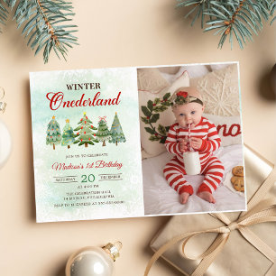 Invitación Winter Onderland Christmas Tree 1er cumpleaños Fie