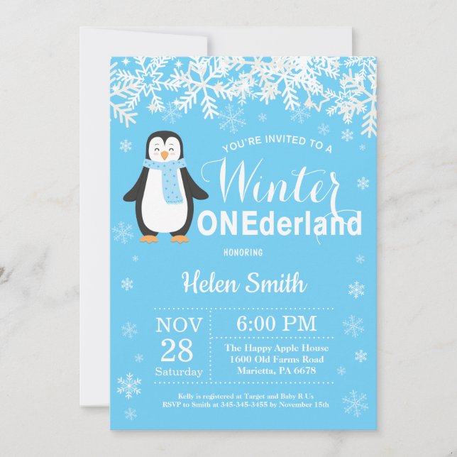 Invitación Winter Onderland Pingüino Boy 1er cumpleaños (Anverso)