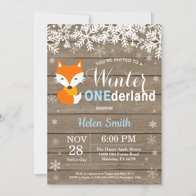 Invitación Winter Onderland Rustic Fox Boy Primer cumpleaños (Anverso)