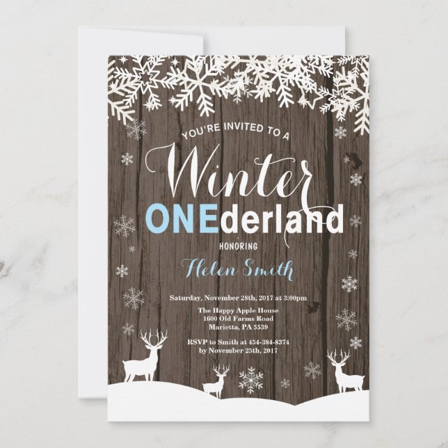 Invitación Winter Onderland Rustic Wood Boy 1er cumpleaños (Anverso)