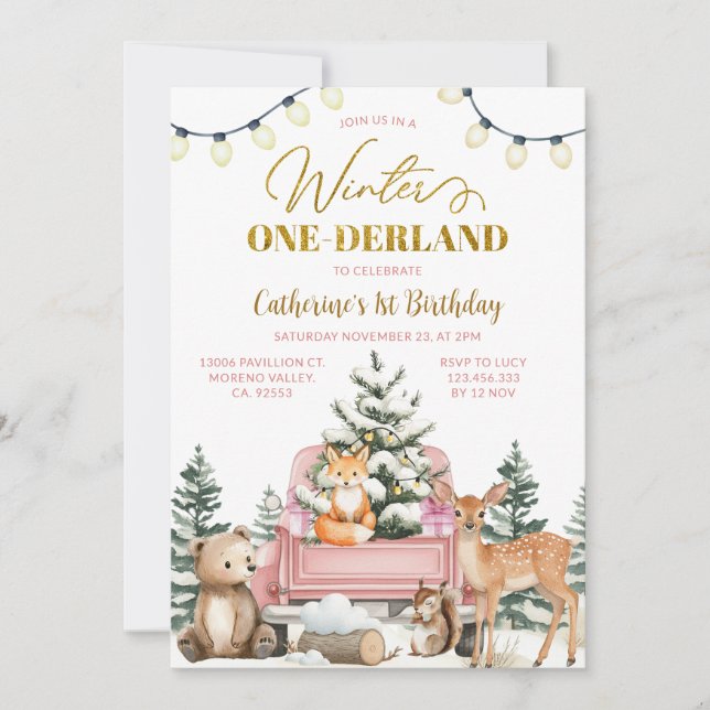 Invitación Winter ONE-derland Pink Truck Animals 1st Birthday (Anverso)