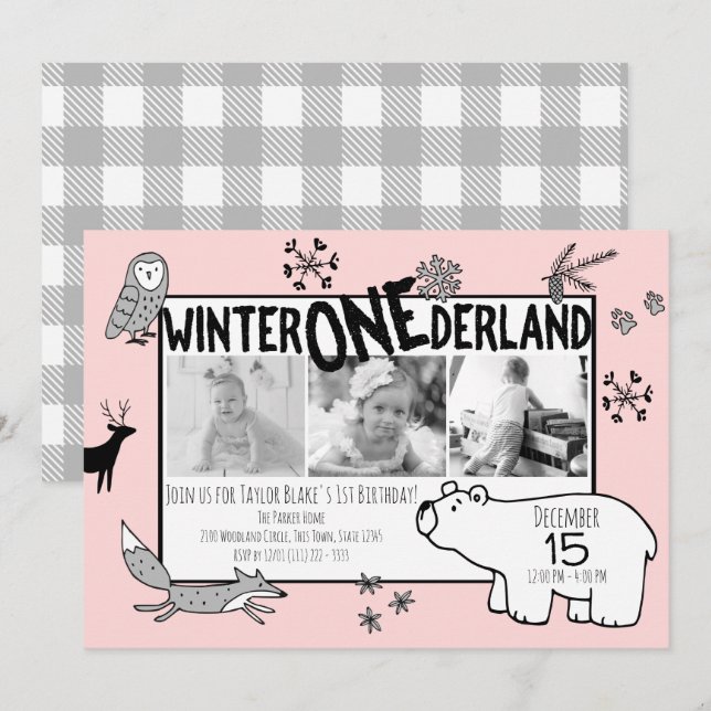 Invitación Winter One-derland Primer cumpleaños Tri Photo Woo (Anverso / Reverso)