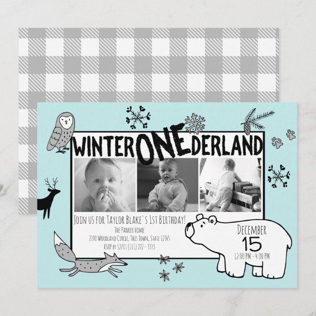 Invitación Winter One-derland Primer cumpleaños Tri Photo Woo (Anverso / Reverso)