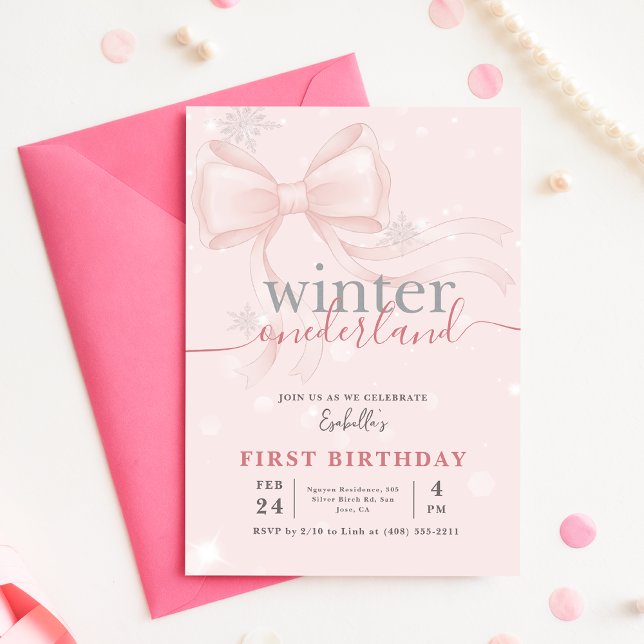 Invitación Winter Onederlan Pink Bow Baby First Birthday (Subido por el creador)