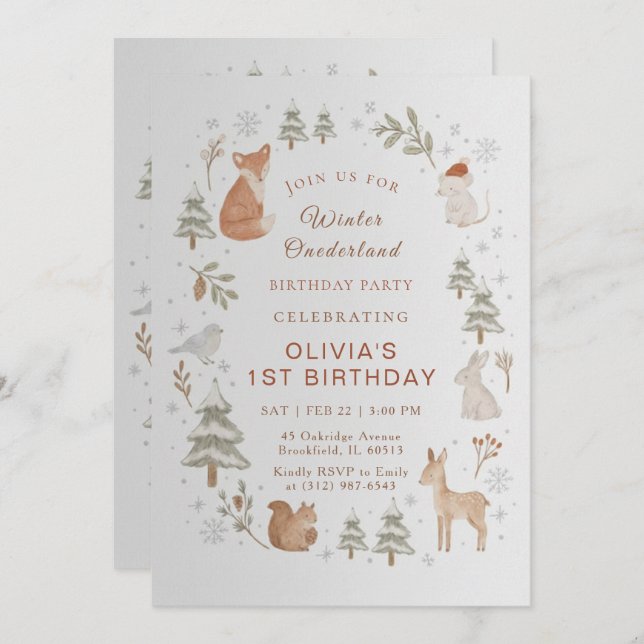 Invitación Winter ONEderland 1st Birthday Invitation Editable (Anverso / Reverso)
