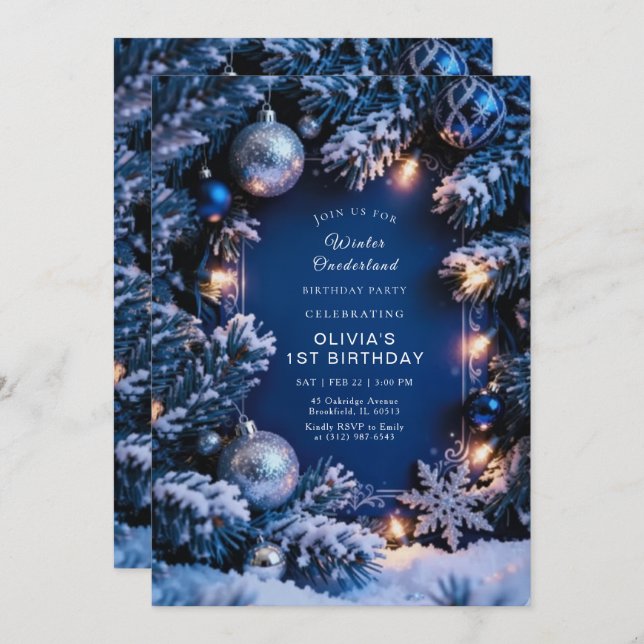 Invitación Winter ONEderland 1st Birthday Invitation Editable (Anverso / Reverso)