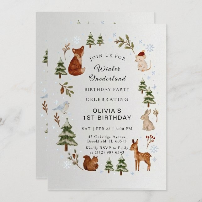 Invitación Winter ONEderland 1st Birthday Invitation Editable (Anverso / Reverso)