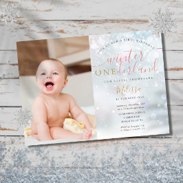 Invitación Winter ONEderland 1st Birthday Photo Pink and Gold