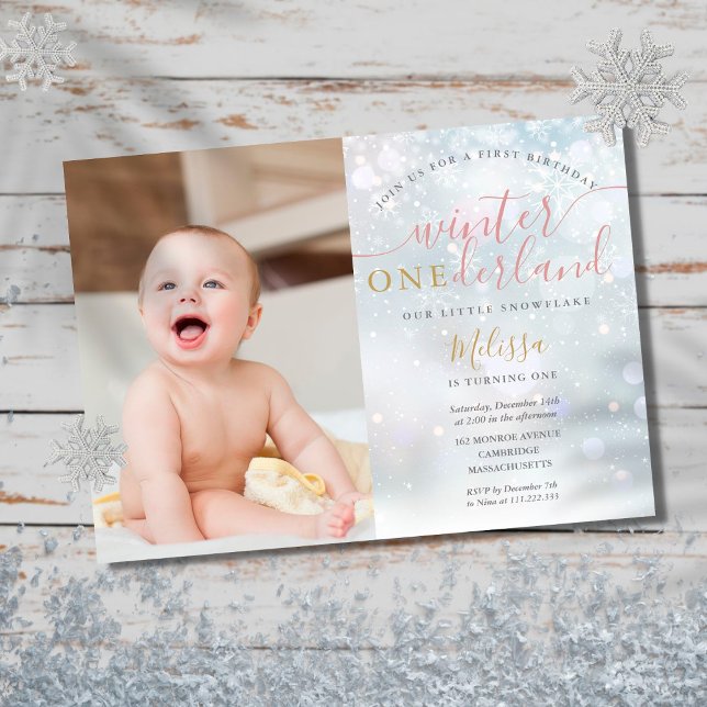 Invitación Winter ONEderland 1st Birthday Photo Pink and Gold (Subido por el creador)