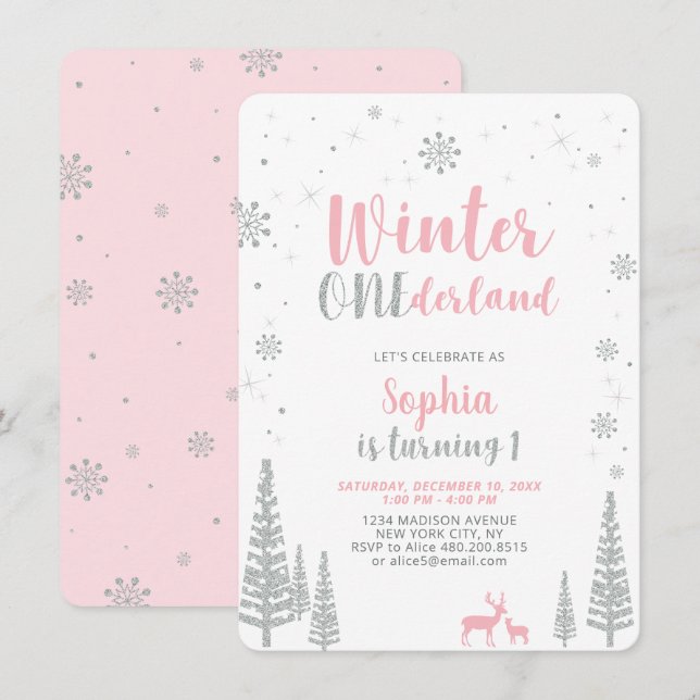 Invitación Winter Onederland 1st, First Birthday, Girl (Anverso / Reverso)