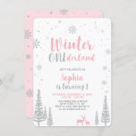 Invitación Winter Onederland 1st, First Birthday, Girl<br><div class="desc">Celebrate a special day with this Winter Onederland 1st Birthday Invitation! This design features a cute deer and snowflakes graphics with pink & silver glitter color theme. You can add any background color.</div>