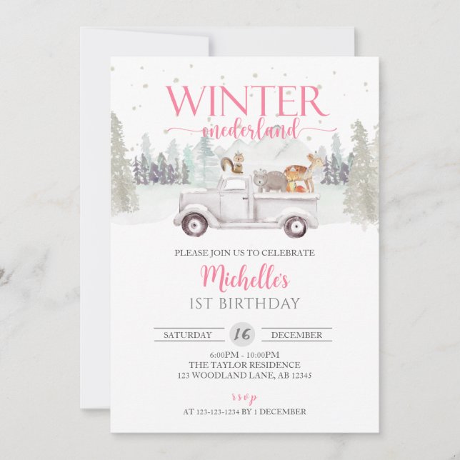 Invitación Winter ONEderland, Animal Truck 1er cumpleaños (Anverso)