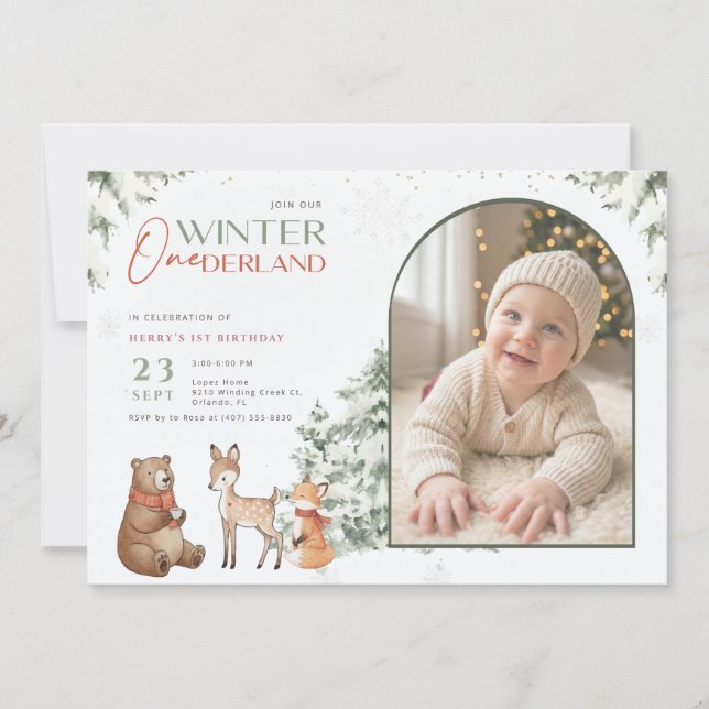 Invitación Winter Onederland Arch Photo Baby First Birthday (Anverso)